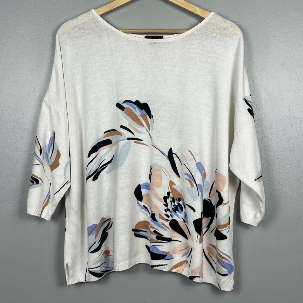 J.Jill Wearever Collection white floral linen cotton knit sweater, size XL.